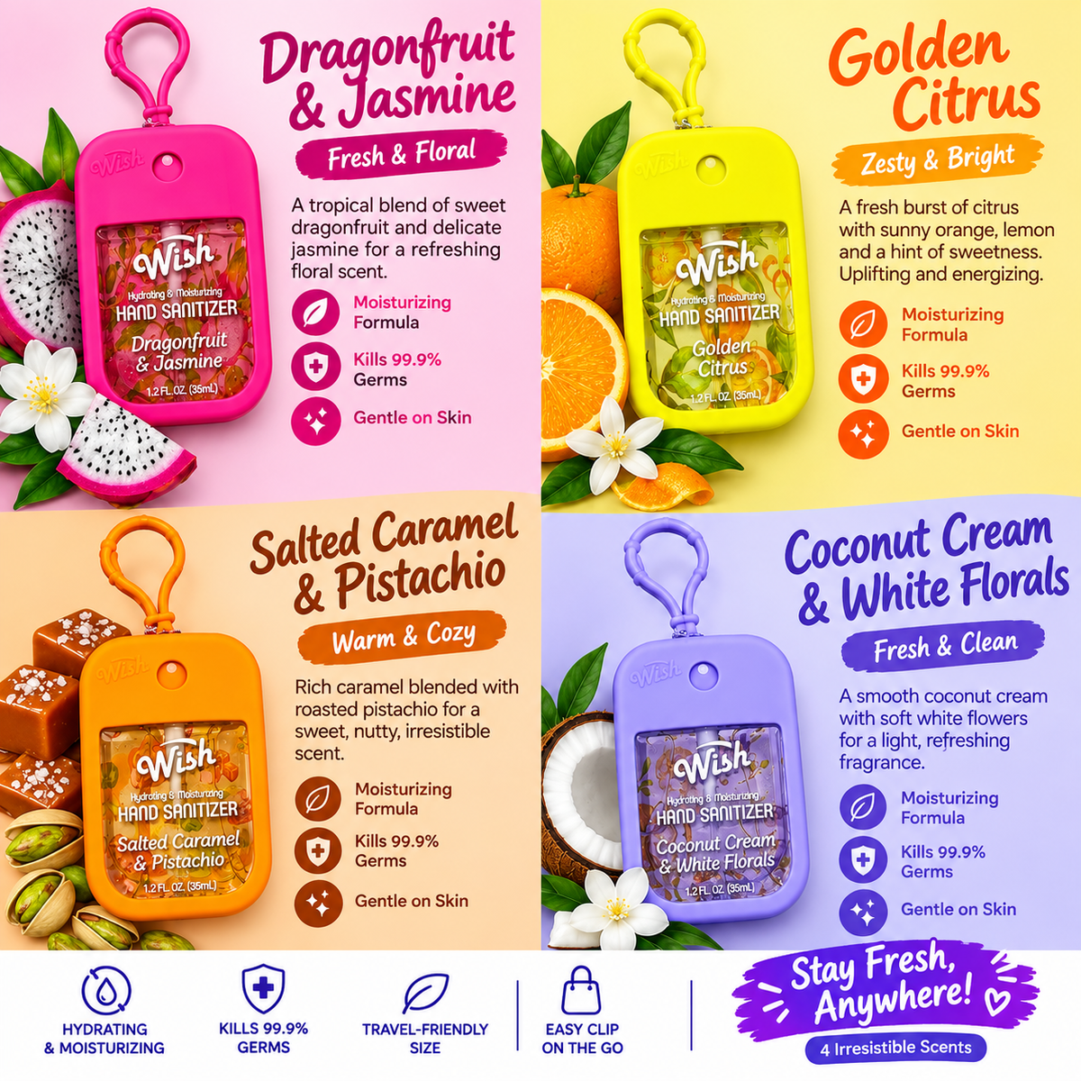 WISH Hydrating & Moisturizing Hand Sanitizer Spray 4pcs – 1.2 fl oz (35 mL)