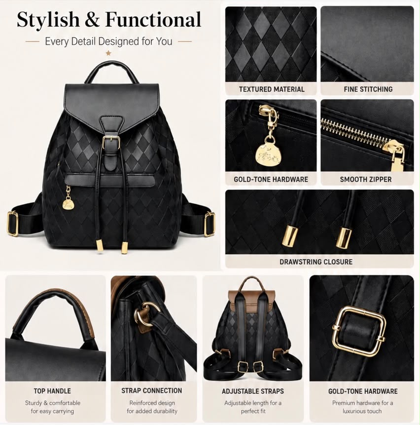 Elegant Women’s Quilted PU Leather Backpack & Shoulder Bag